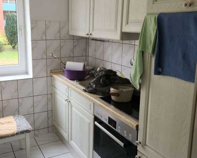 Eine kleine weiße Küche mit Fliesenboden und -wänden, Holzschränken und einem Einbaubackofen. Auf dem Herd stehen Töpfe, Pfannen und Geschirr, während an den Schranktüren Geschirrtücher hängen. Durch ein Fenster blickt man auf einen grünen Garten. Neben der Arbeitsplatte steht ein Stuhl mit einem karierten Kissen.